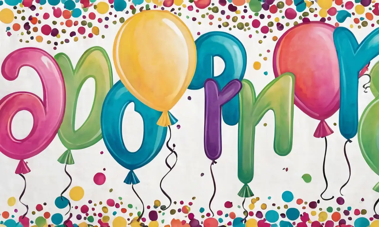 Fiesta visual con globos, tipografía festiva y un fondo lleno de confeti