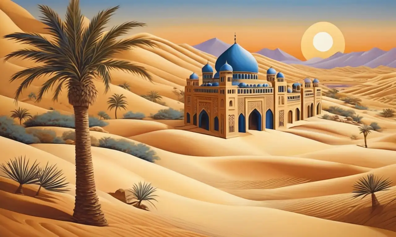 Un paisaje desértico vibrante con dunas doradas, palmeras y arquitectura tradicional de Omán