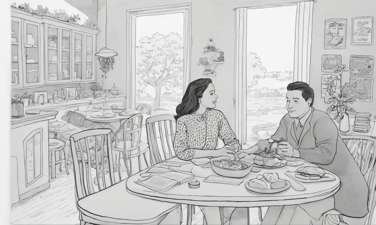 Dos figuras en una mesa con cálida luz y detalles que capturan un momento de contemplación y discusión