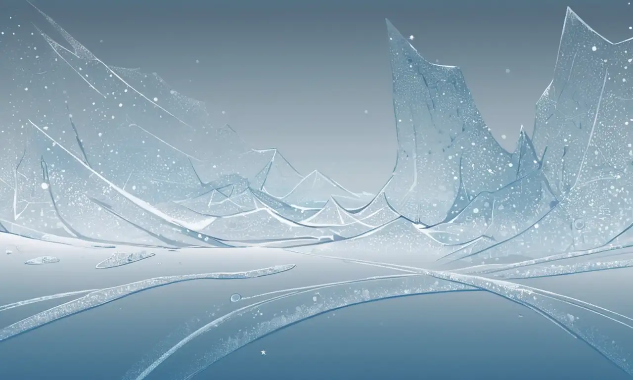Textura de vidrio esmerilado con copos de nieve delicados y tonos azules fríos que evocan la transición del agua a hielo