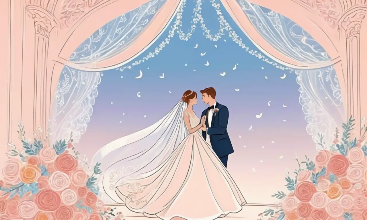 Una escena de boda delicada con colores pasteles, encajes intrincados y felicidad iluminada