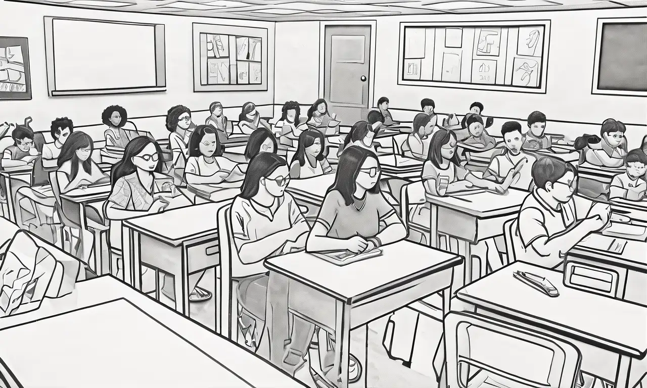 Ilustración de un aula con detalles expresivos y un ambiente serio