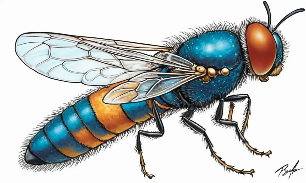Líneas dinámicas y colores vibrantes ilustran la energía y delicadeza de las moscas en vuelo