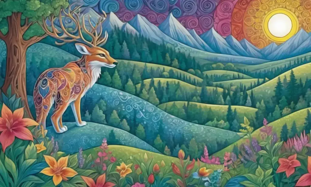 Colores vibrantes y detalles intrincados dan vida a una figura central en un paisaje etéreo