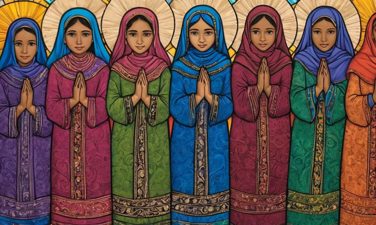 Colores vibrantes, sombras sutiles y figuras en oración con detalles que capturan tradición y devoción