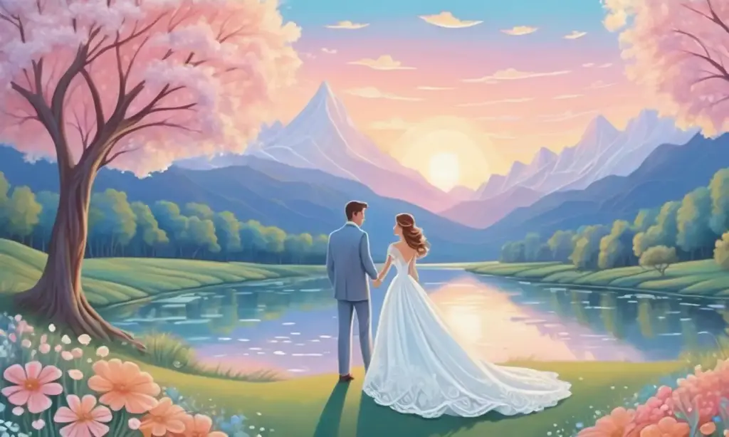 Un paisaje onírico de suaves colores pasteles y una novia en blanco envuelta en detalles florales y luz etérea
