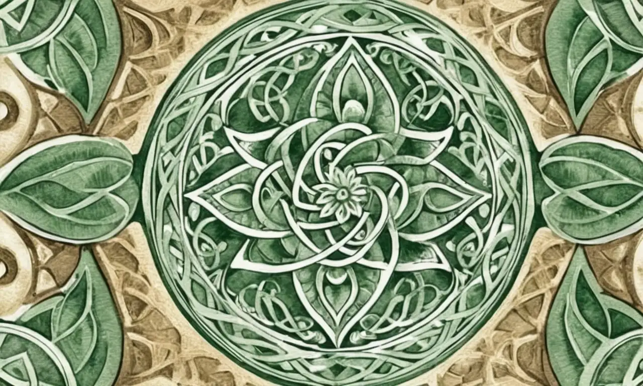 Líneas intrincadas forman una triquetra rodeada de elementos naturales y tonos terrosos que evocan espiritualidad
