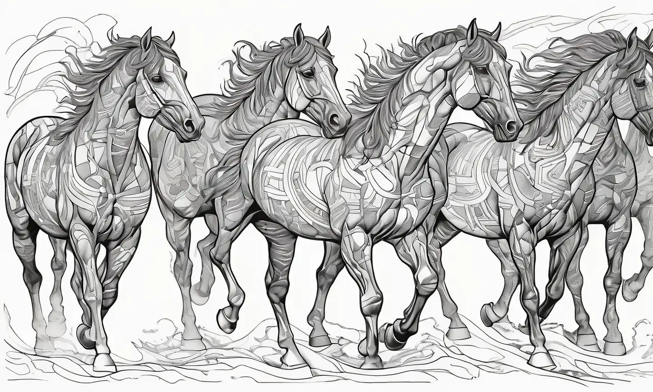 Las líneas dinámicas y texturas rugosas transmiten tensión y caos en la representación de caballos agresivos