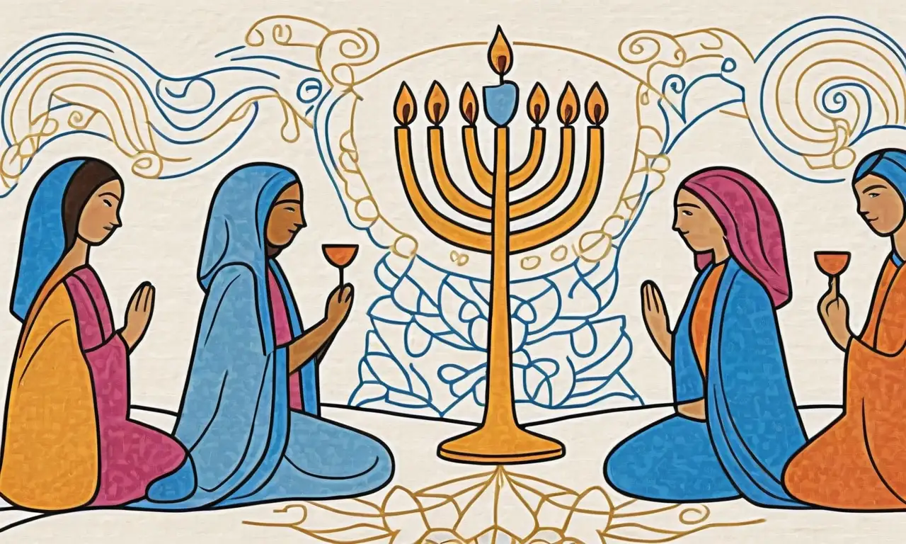 Una menorah resaltada y figuras drapeadas en texturas y colores contrastantes evocan unidad y emoción en una composición equilibrada