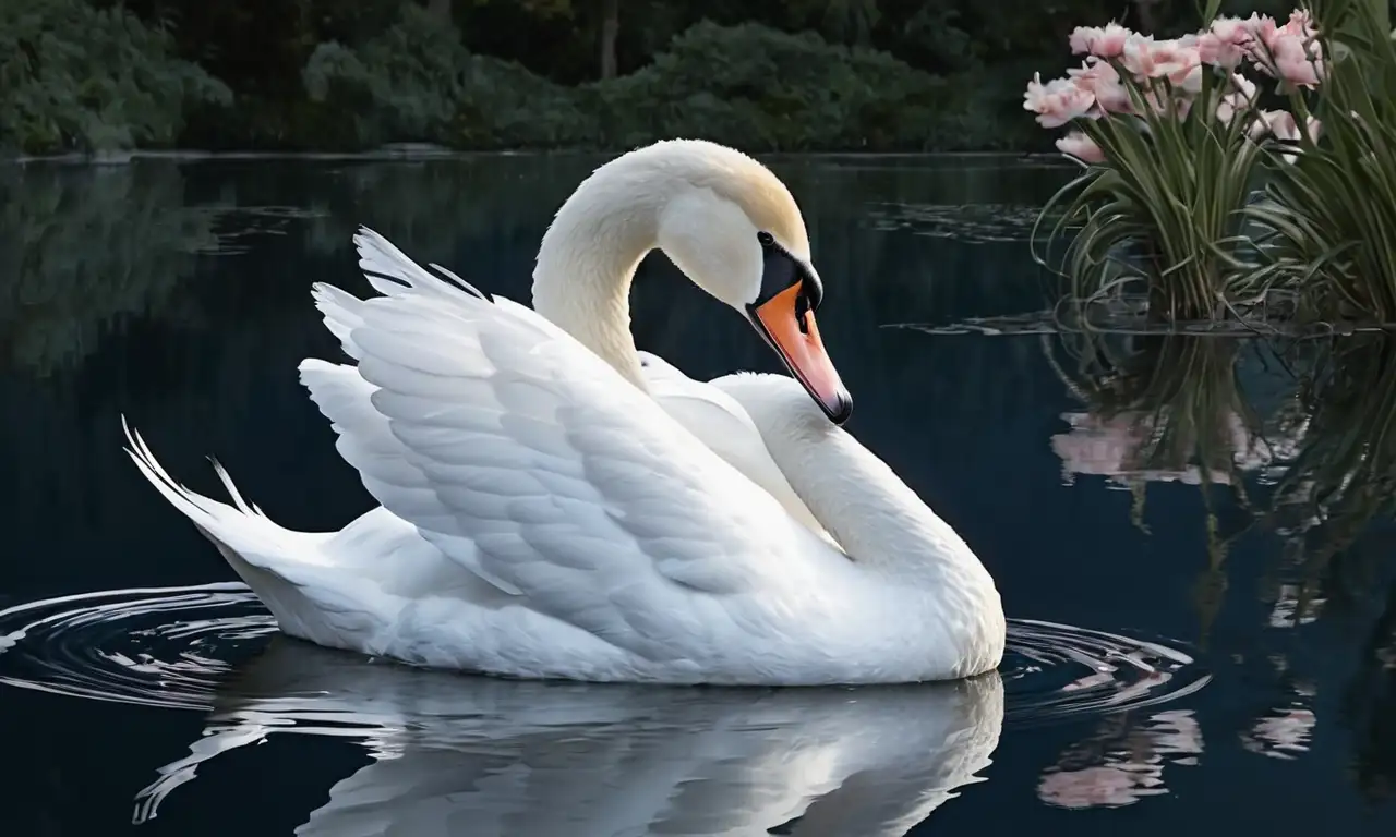 El cisne refleja gracia y elegancia en un sereno entorno de suaves luces, sombras y delicados detalles
