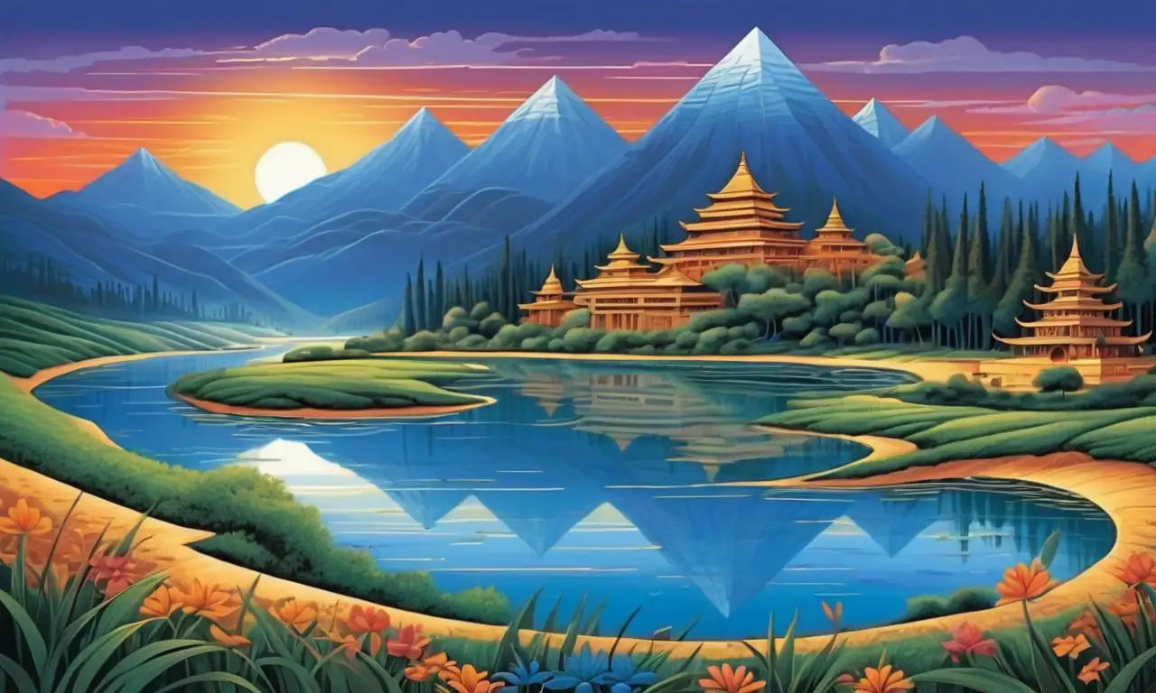 Un paisaje vibrante y detallado evoca historia y vida a través de contrastes y colores