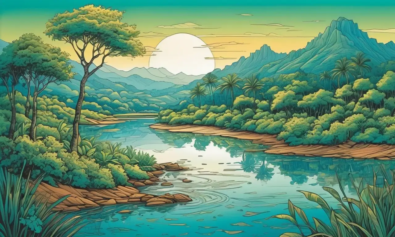 Un paisaje vibrante con vegetación, agua, montañas y vida silvestre en armonía