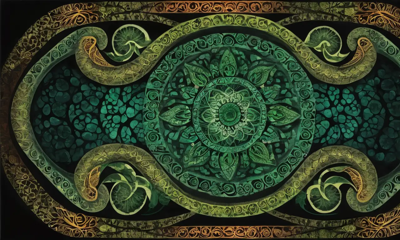 Un majestuoso tótem serpentino rodeado de vibrantes colores, texturas delicadas y una composición armónica que evoca espiritualidad