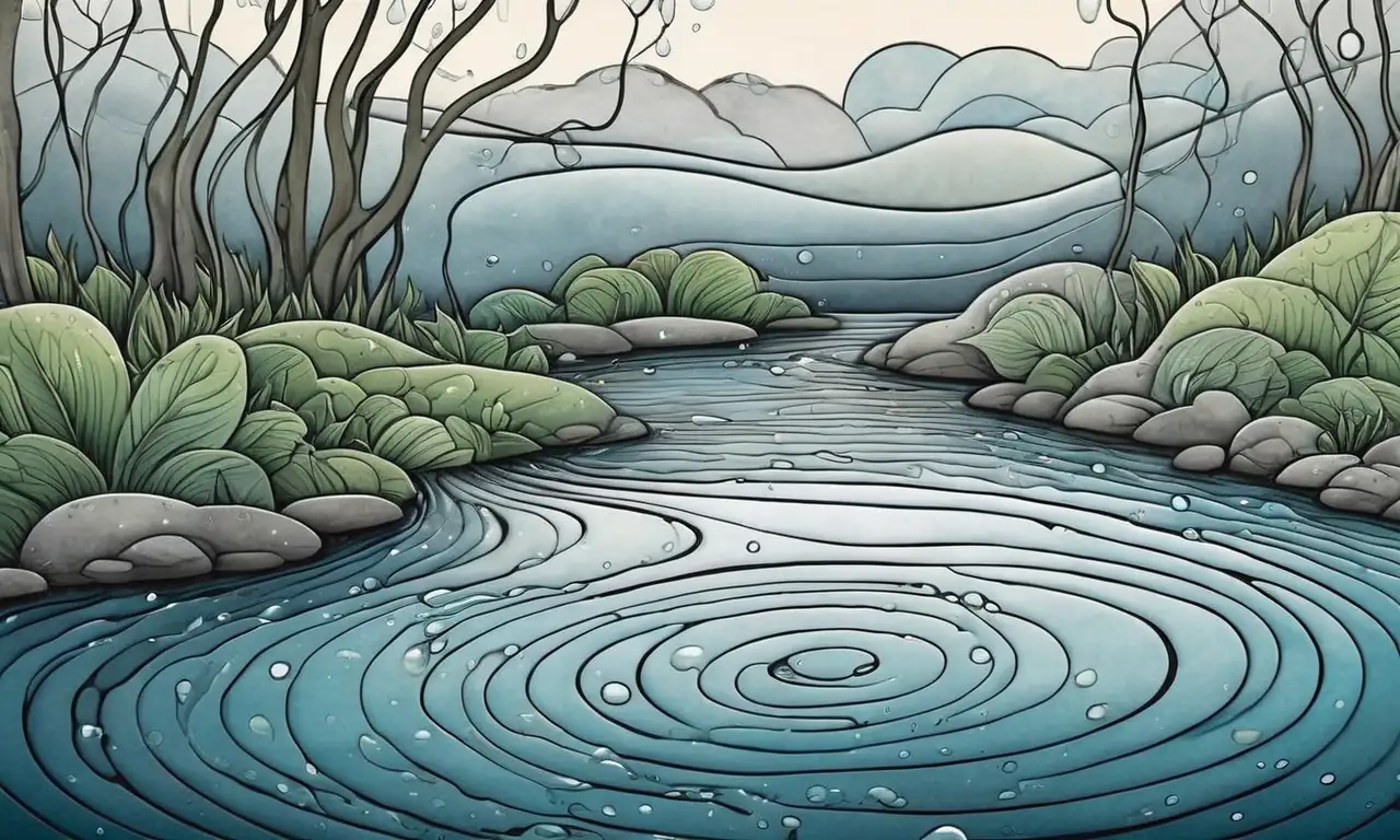 Una escena natural con líneas suaves, nubes en espiral, gotas delicadas y un fondo en tonos azules y verdes que evoca el ciclo del agua