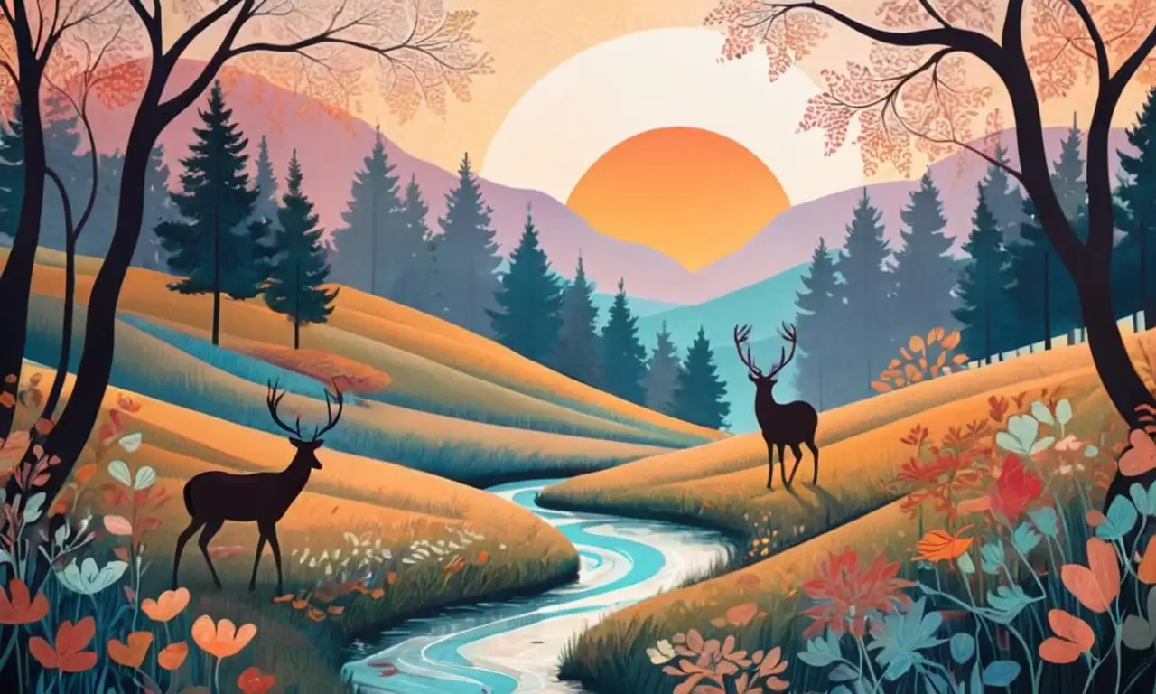Composición dinámica con colores vibrantes y detalles etéreos en un paisaje armonioso