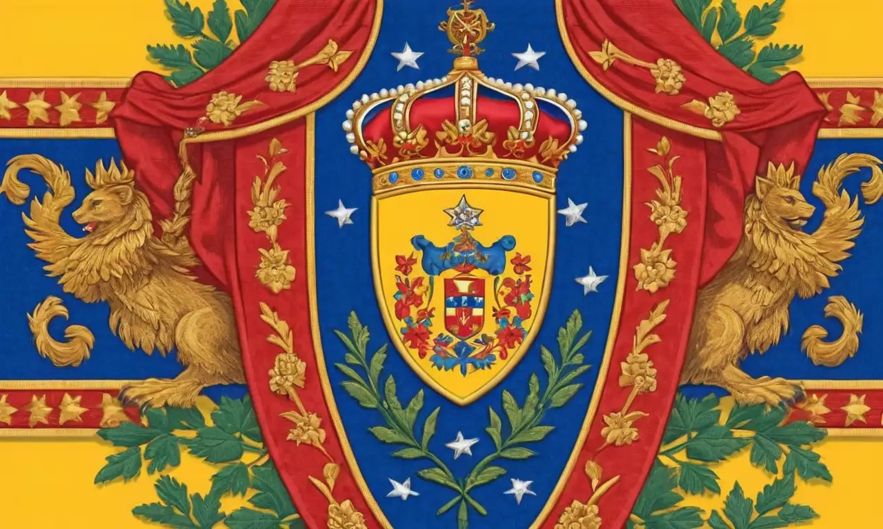 La bandera presenta franjas amarillas, secciones azules vibrantes, tonos rojos ricos y un escudo intrincado con detalles en estrellas y una composición equilibrada