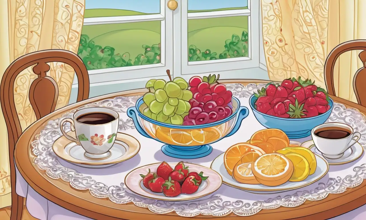 Colores cálidos y brillantes con texturas ricas y sombras suaves crean una atmósfera acogedora en una mesa de desayuno