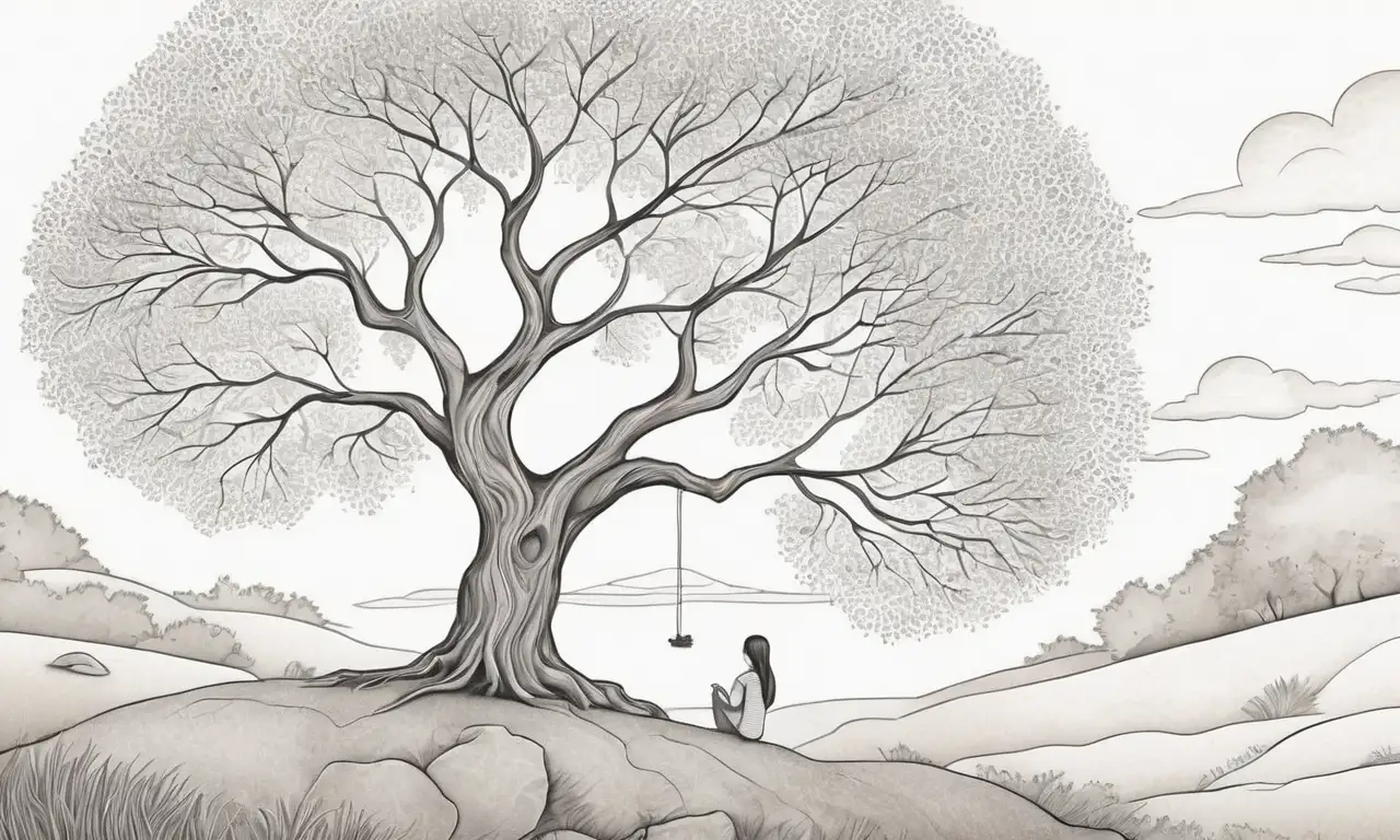 Una figura solitaria se sienta bajo un árbol, rodeada de sombras suaves y un ambiente de tranquilidad