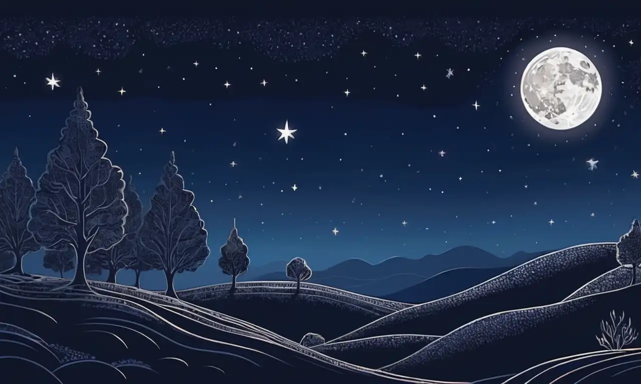 Una suave luz etérea envuelve la luna creciente en un cielo estrellado, creando una composición armoniosa y tranquila