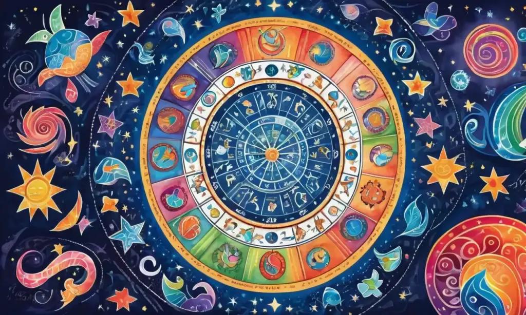 Colores vibrantes y símbolos zodiacales se entrelazan en una composición armoniosa y misteriosa