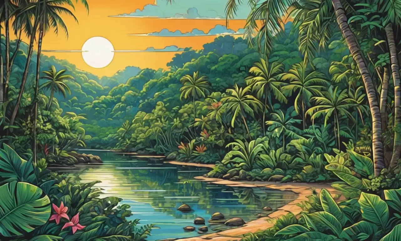 Un paisaje tropical vibrante y equilibrado con vegetación, luz suave y texturas dinámicas