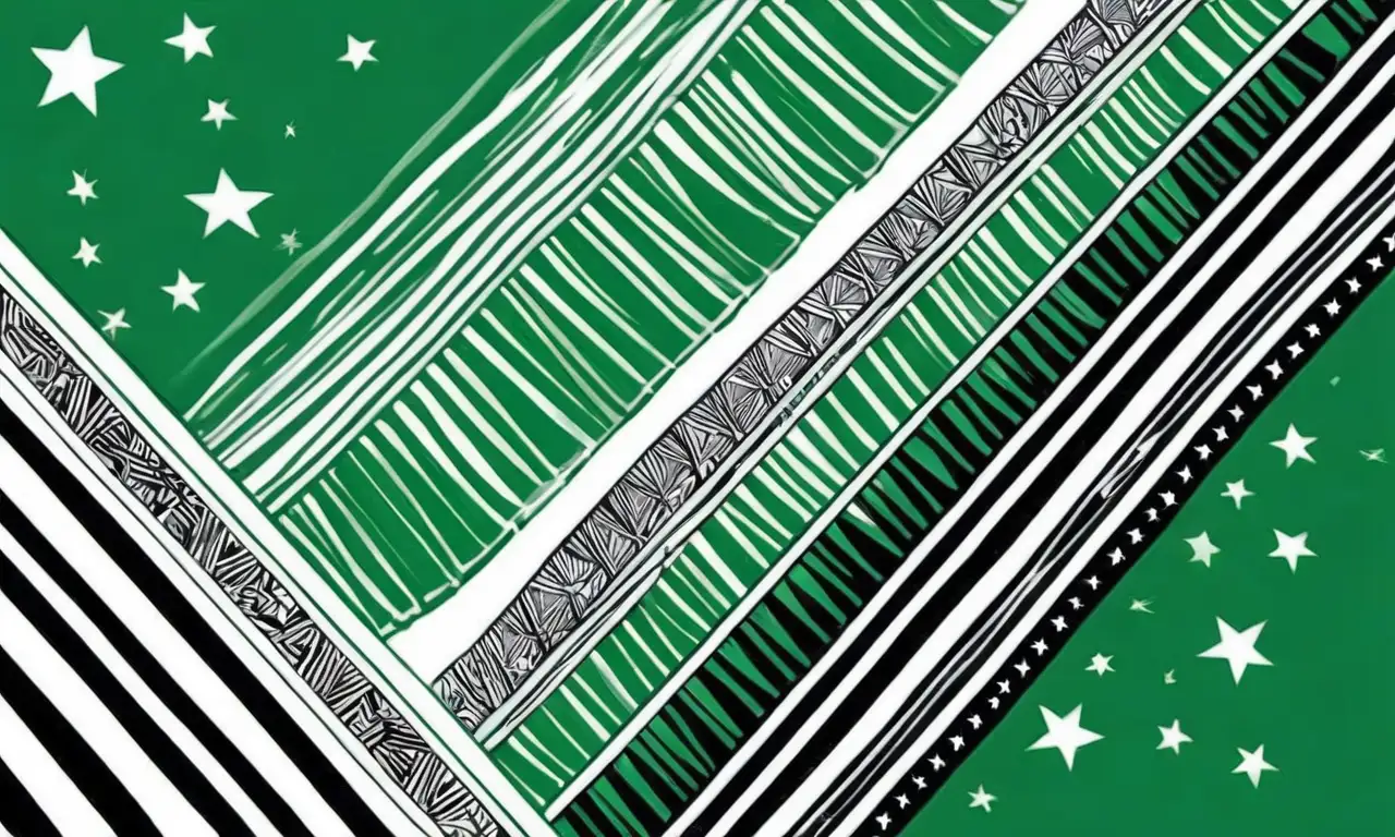 Fondo verde vibrante con rayas negras, estrellas blancas y una composición dinámica de texturas y contrastes