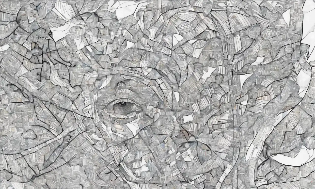 Contraste de luces y sombras en un rostro angustiado, con líneas y texturas que reflejan caos y emoción