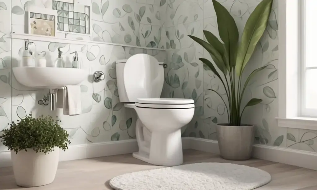 Escena de baño luminosa y colorida con detalles curiosos y una composición juguetona