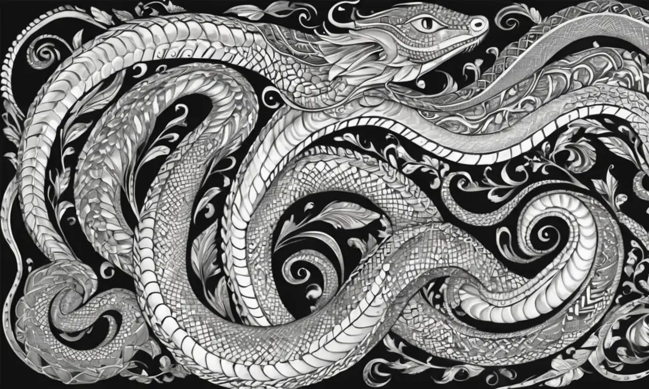 Diseño detallado de serpiente con curvas sinuosas, colores vibrantes y simbolismo espiritual