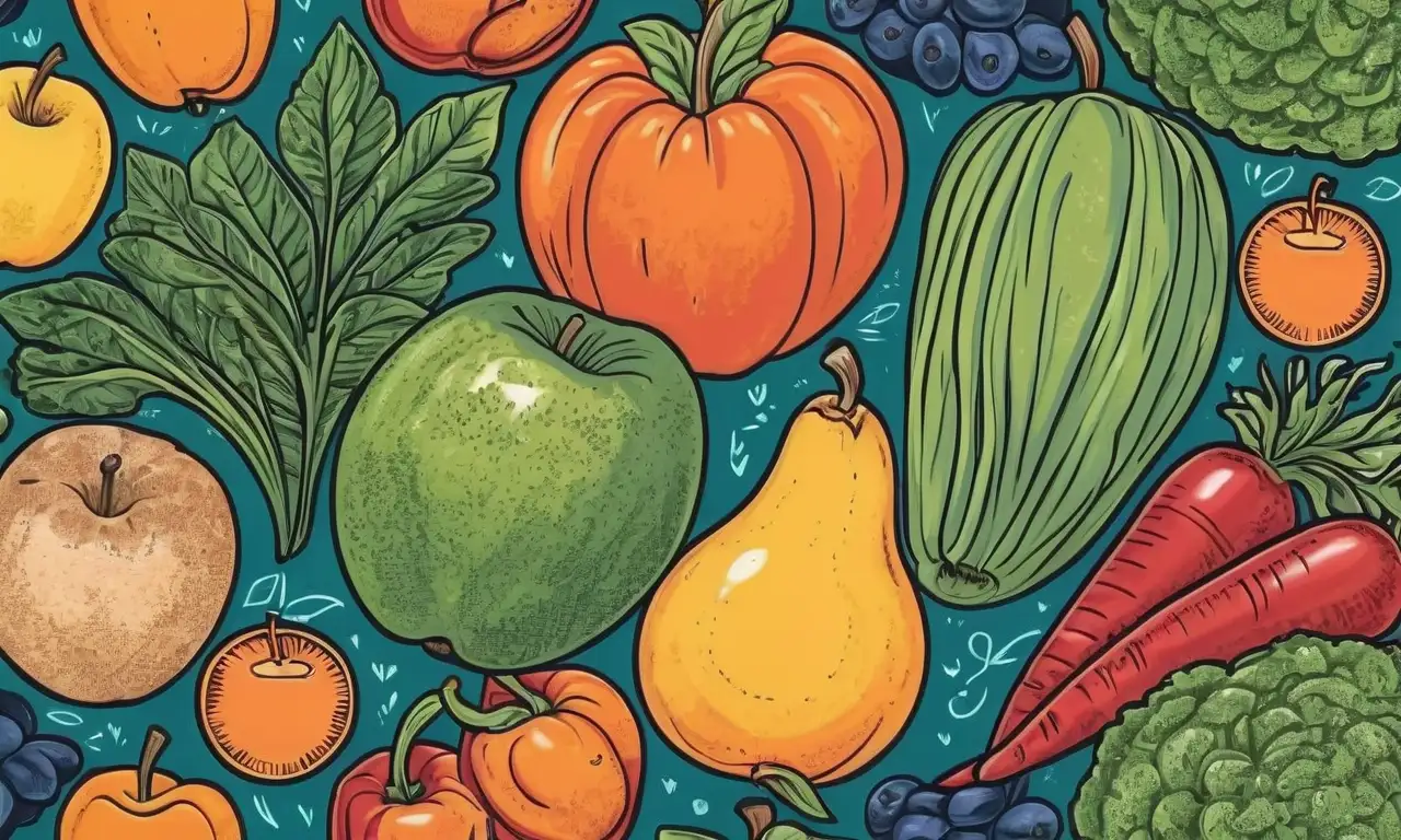 Composición vibrante de frutas y verduras frescas con tonos cálidos y texturas que evocan salud y vitalidad