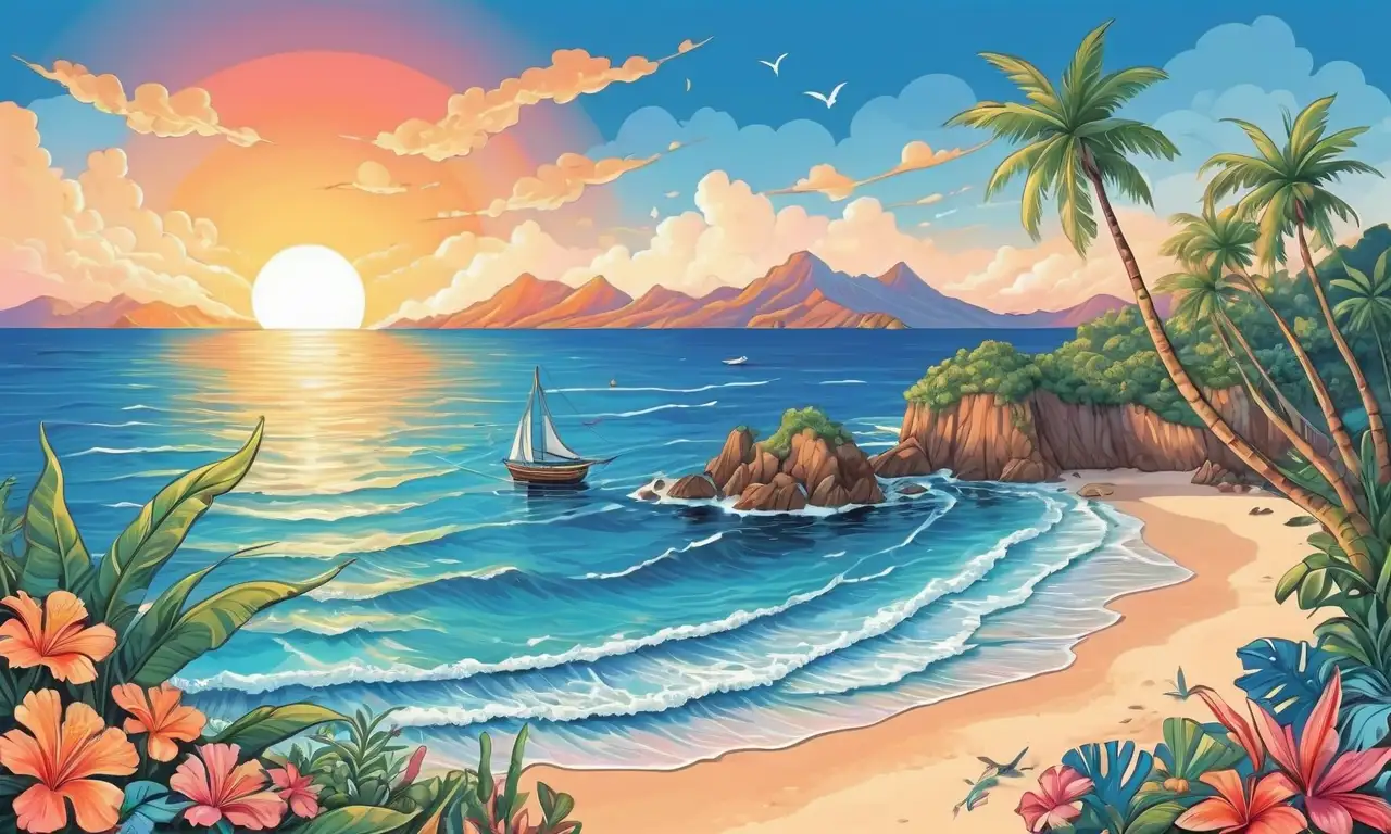El mapa presenta colores vibrantes, islas definidas, vegetación detallada y elementos artísticos que crean una composición armoniosa
