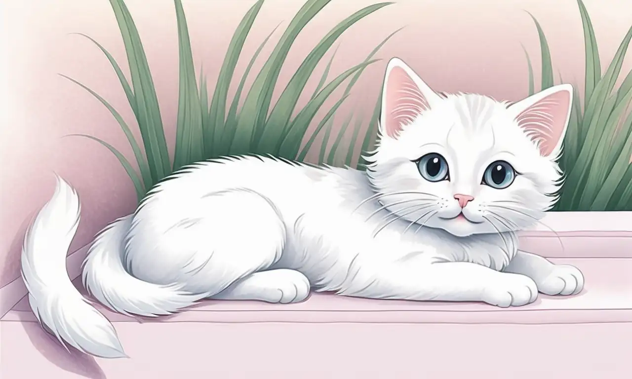 Gatitos juegan en un rincón suave y sombrío, mientras un gato blanco los observa con ternura y tristeza en un ambiente onírico