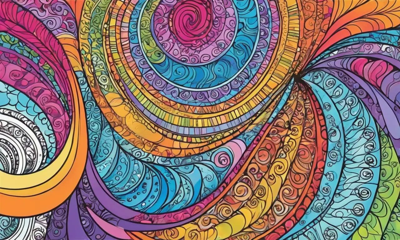 El arte presenta figuras diversas con profundidad, color vibrante y dinamismo en una composición compleja y detallada