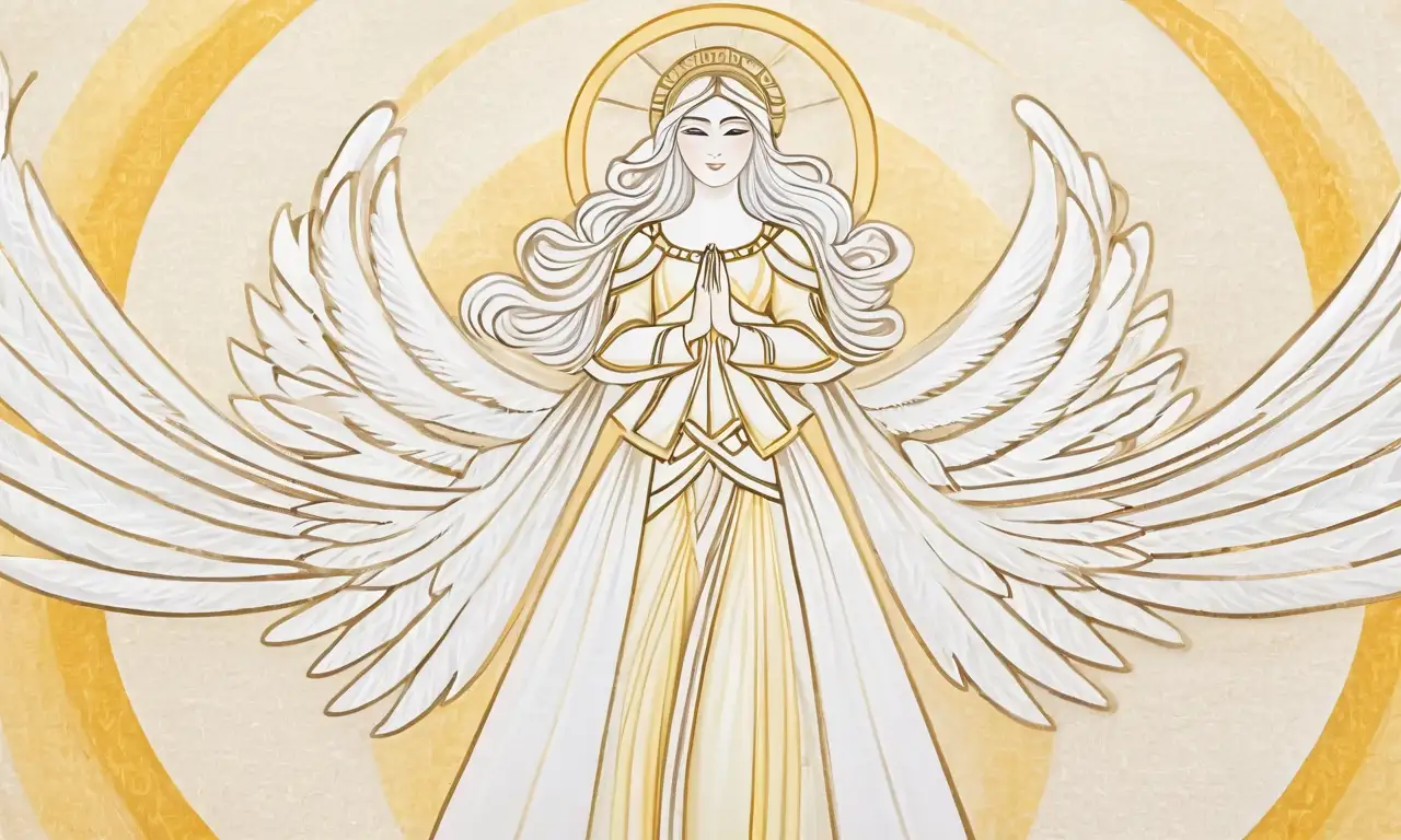 Figura de un arcángel elegante con alas doradas y luz radiante en un fondo sereno