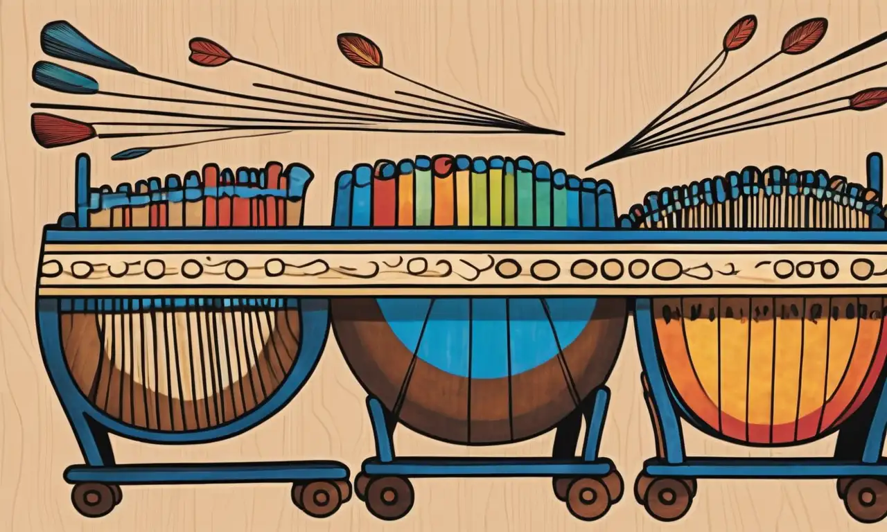 Formas dinámicas y colores vibrantes de instrumentos musicales que evocan sonido y movimiento