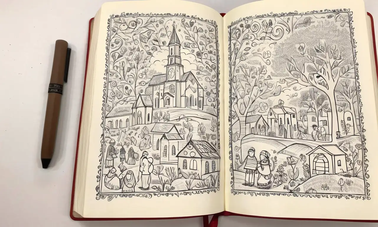 Un diseño detallado de una Biblia rodeada de jóvenes curiosos, con luz y sombras que evocan inspiración