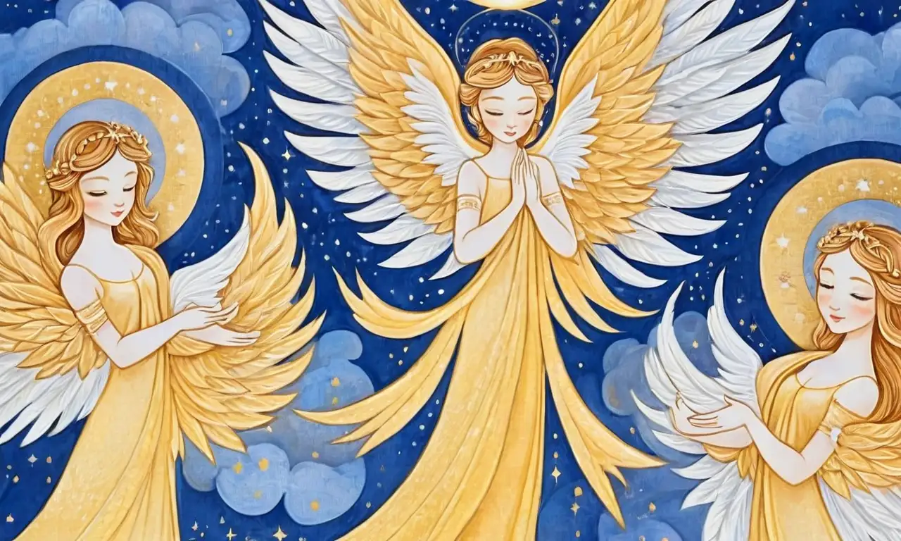 Angeles con alas delicadas y suaves luces, rodeados de nubes, en composiciones armoniosas y etéreas