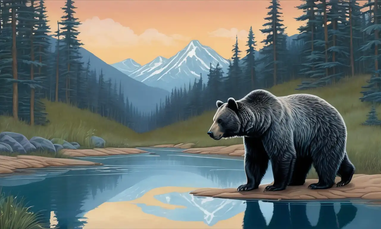 Un gran oso en un bosque sereno, con luces y sombras que destacan su pelaje y reflejan sabiduría