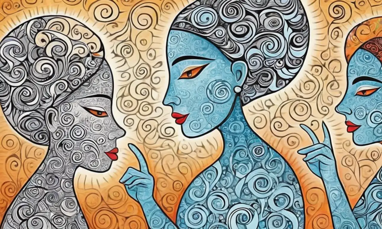 Figuras gemelas brillantes se entrelazan en una composición vibrante y dinámica que refleja dualidad y emoción