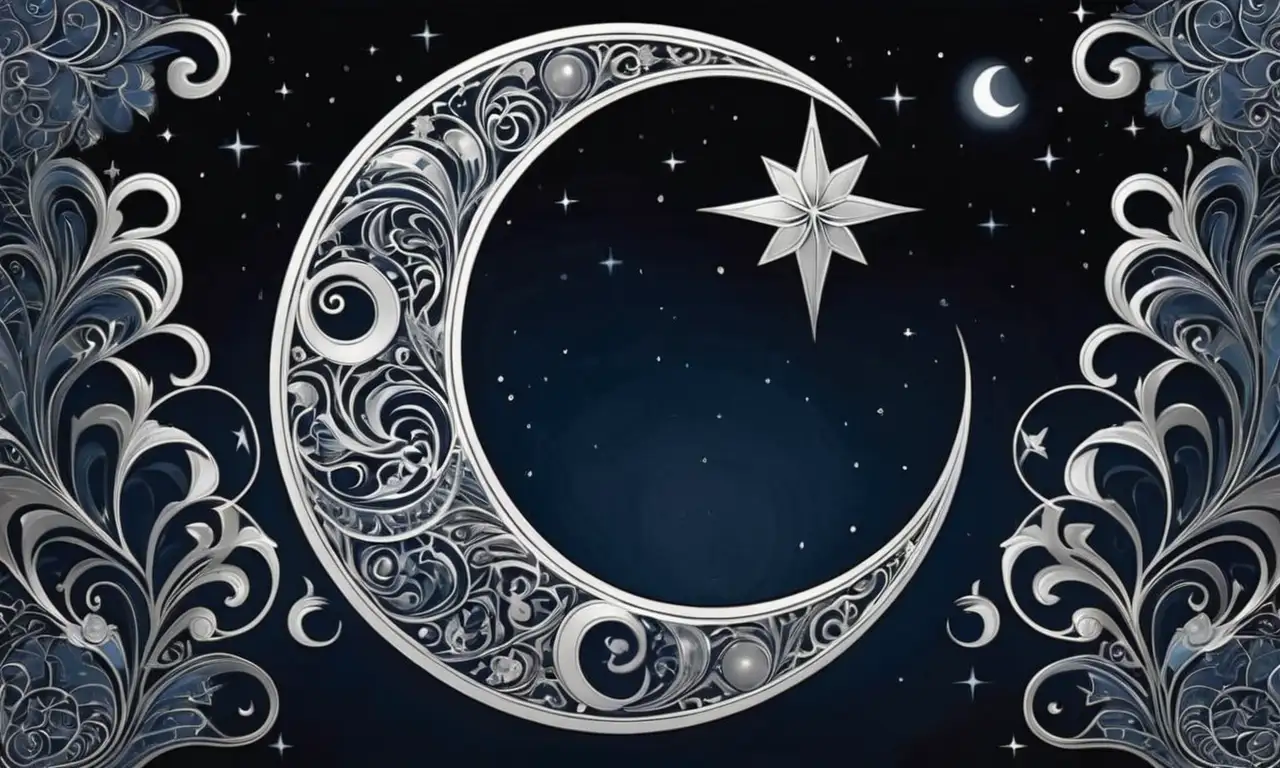 Una luna creciente plateada con detalles intrincados y un fondo nocturno que evoca armonía y misterio