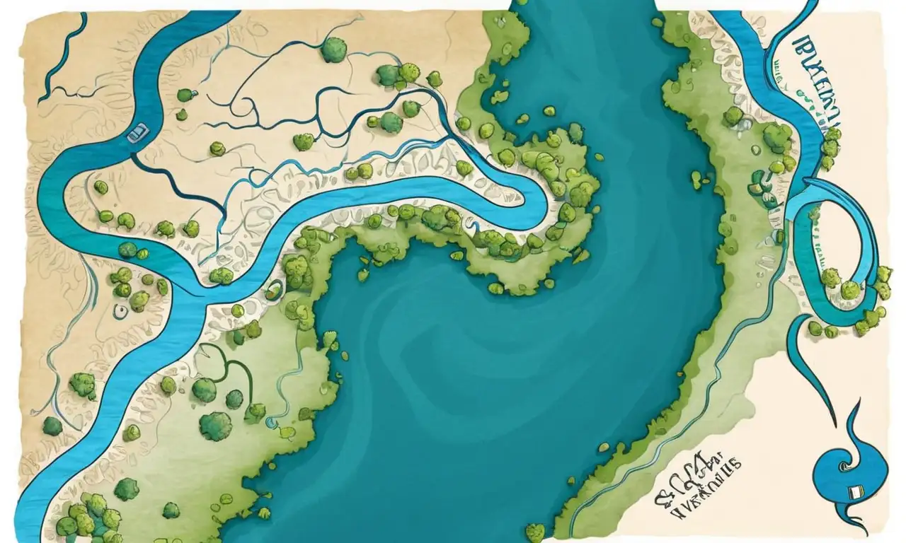 El mapa muestra ríos serpenteantes con líneas nítidas, colores vibrantes y detalles intrincados que destacan el paisaje y las ciudades