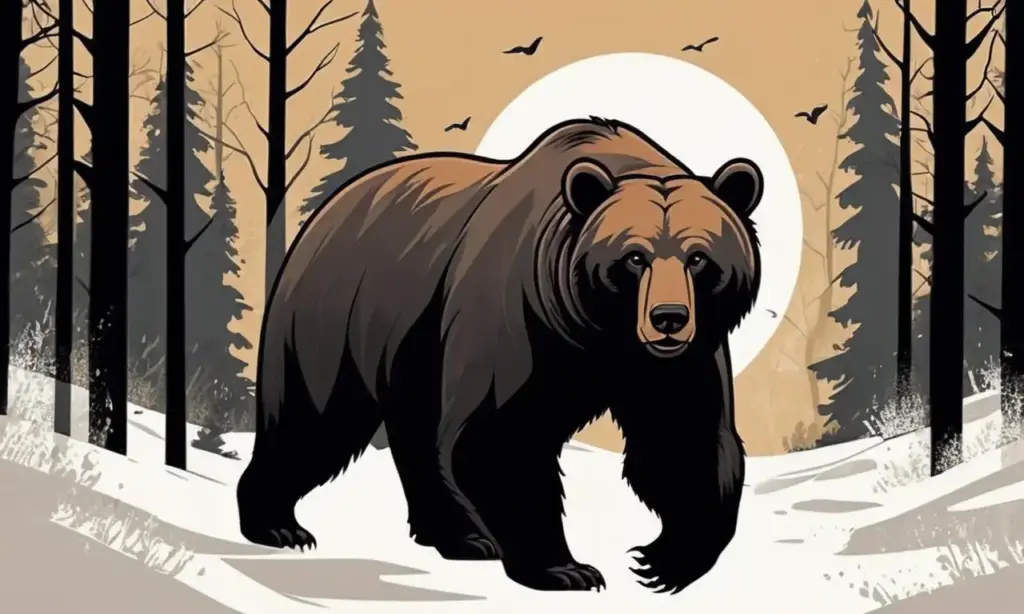 Silueta de oso enérgico con texturas cálidas y un fondo forestal