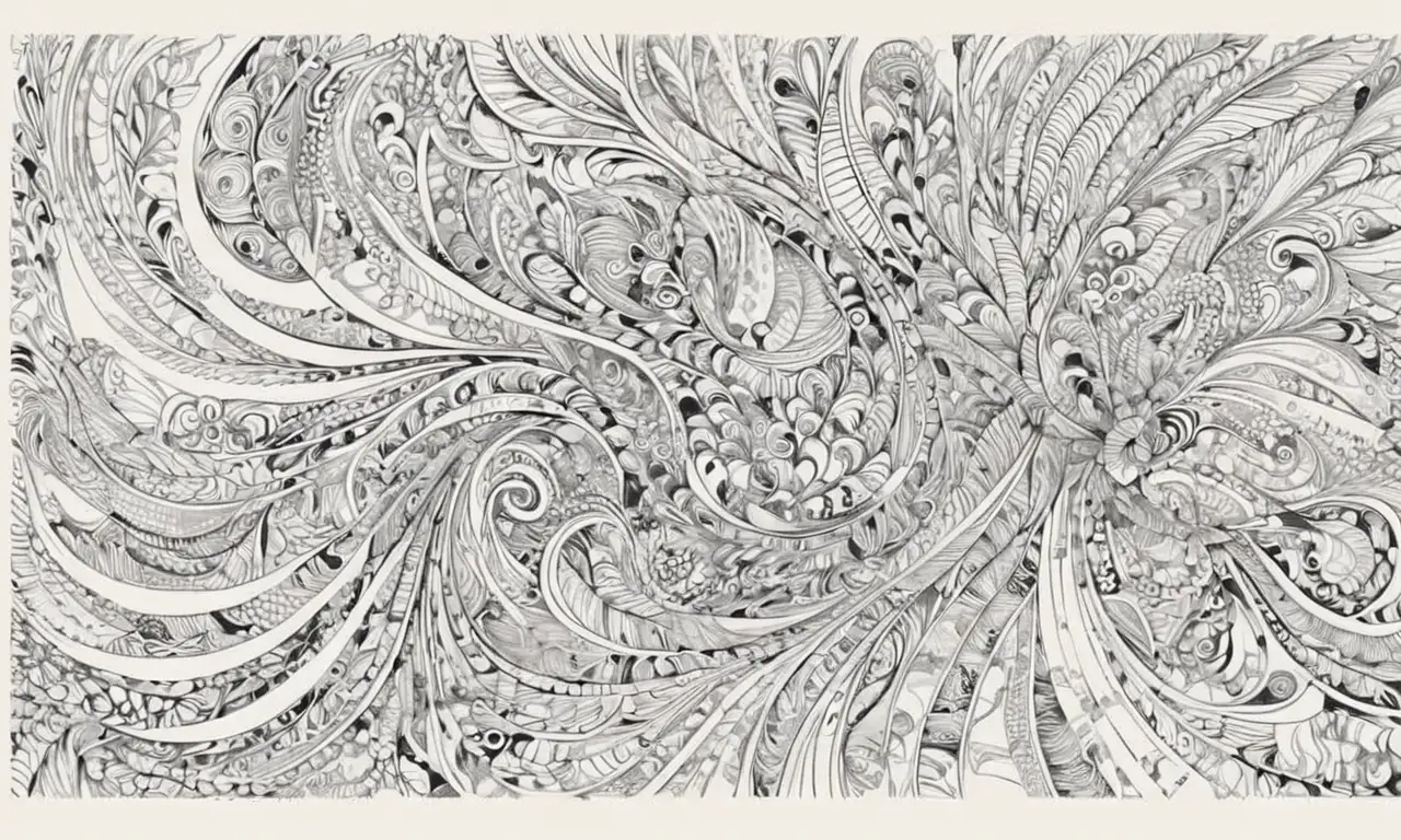 Líneas suaves y delicadas representan moscas en un fondo vibrante con texturas y patrones intrincados que sugieren movimiento y realismo