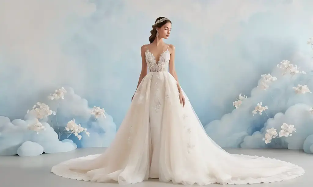 Una figura etérea vestida de novia en un entorno suave y onírico