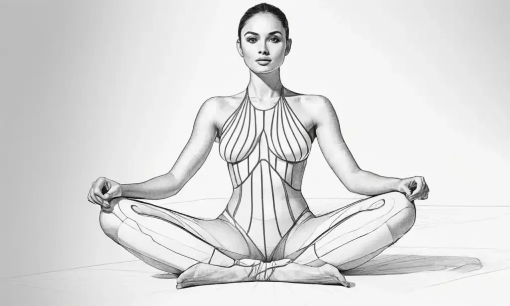 Una figura sentada en postura de meditación resalta en un fondo acogedor y sereno