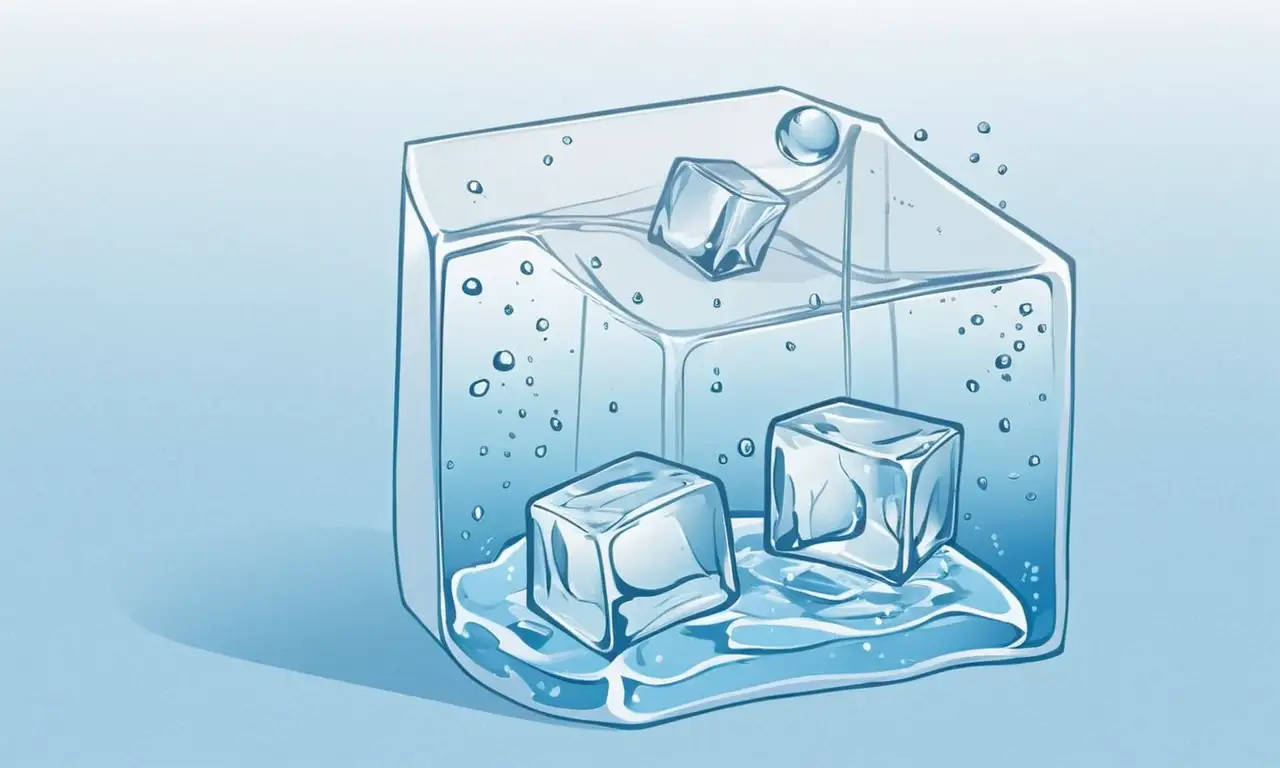 Fondo azul con cubos de hielo, termómetro a 0 °C y patrones de escarcha