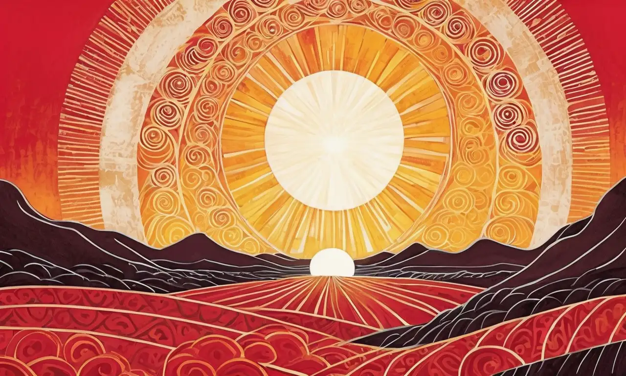 Fondo rojo vibrante con un sol amarillo audaz y rayos intrincados que irradian calidez y energía