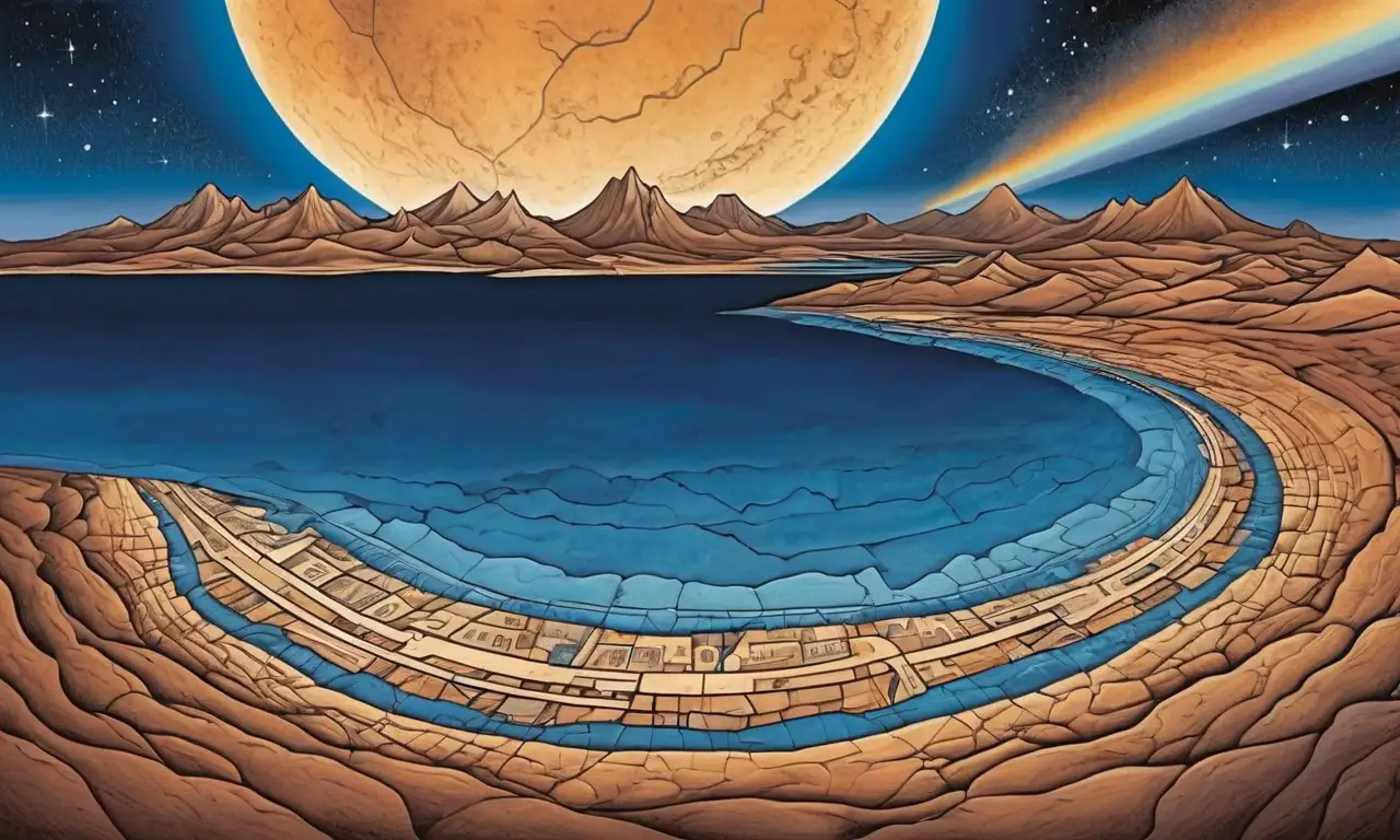 Ilustración de la Tierra con océanos azules, tierras marrones, líneas tectónicas, texturas de montañas y un fondo celeste