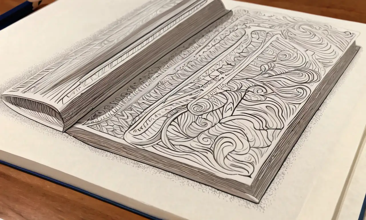 Libro con líneas marcadas, sombreado suave y detalles intrincados que invitan a explorar