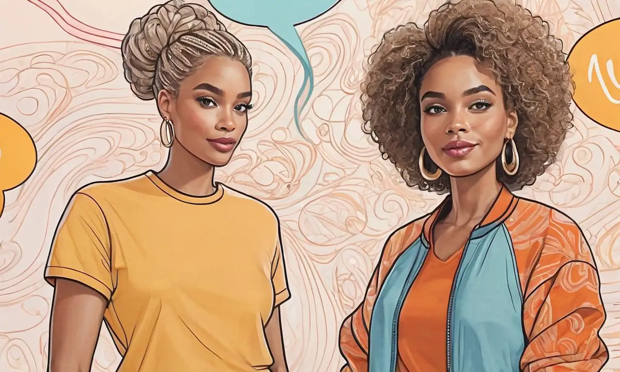 Un dibujo vibrante con figuras sólidas, expresiones amigables y un fondo cálido y dinámico